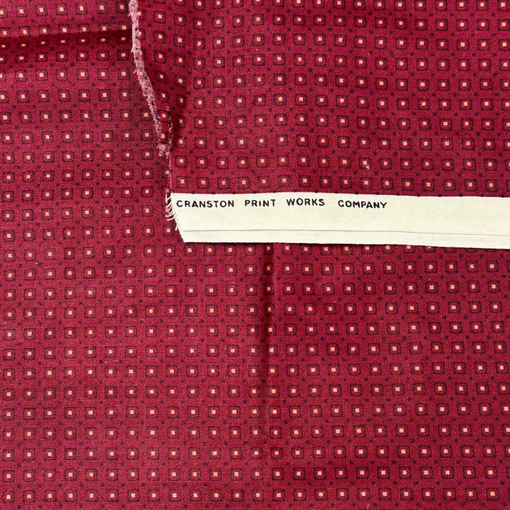 Vtg Cranston Print Works Burgundy Geometric Cotton Fabric Remnant Lot 34x18